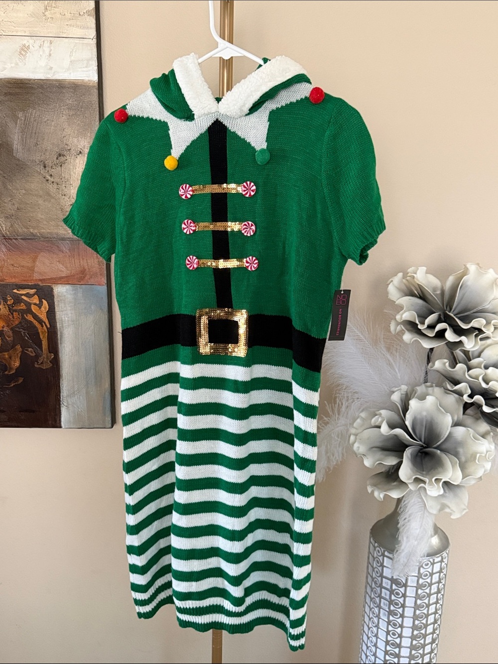 No Boundaries Green, White and Gold Elf Hooded Knit Dress